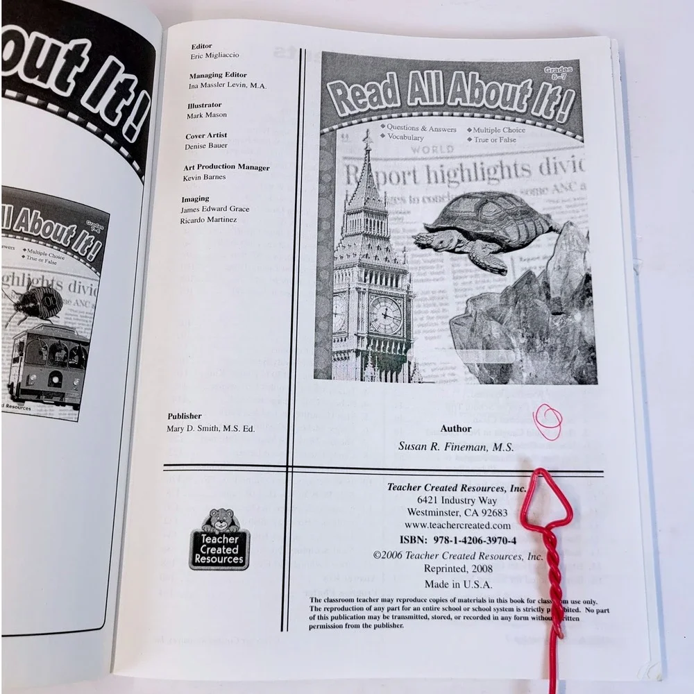 Teacher Created Resources Read All About It! Workbook Grades 6-7 TCR 3970 Book